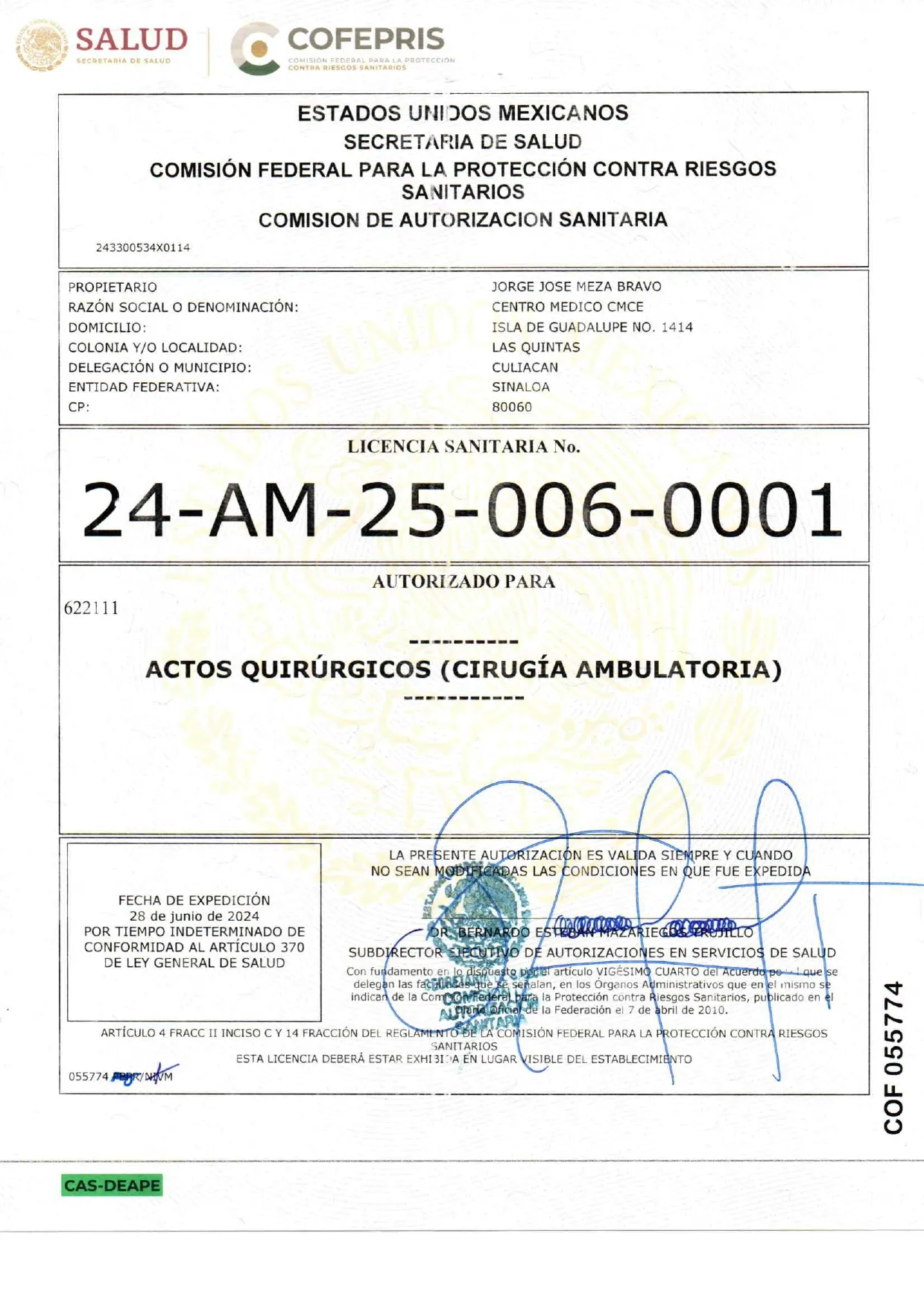 Licencia Sanitaria de Actos Quirúrgicos — Cirugía Ambulatoria — Culiacán, Sinaloa