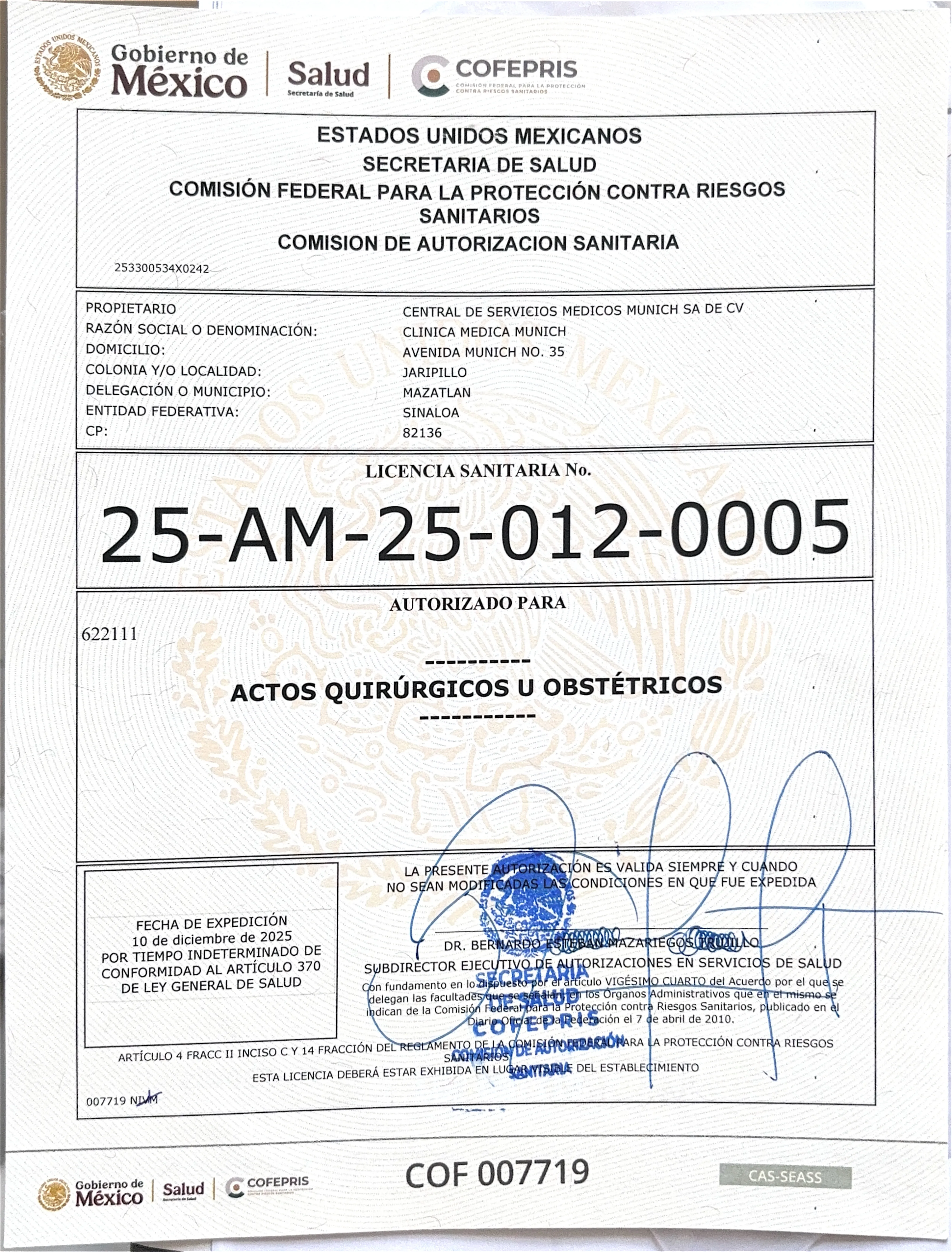 Licencia Sanitaria de Actos Quirúrgicos u Obstétricos — Mazatlán, Sinaloa
