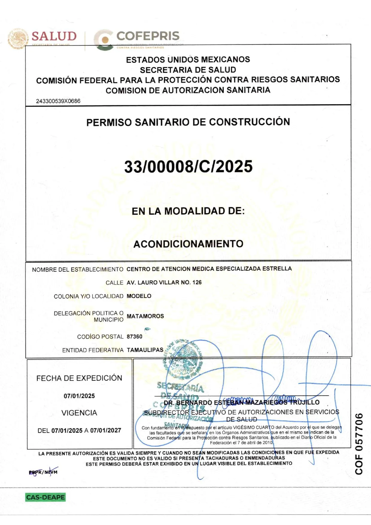 Permiso Sanitario de Construcción — Acondicionamiento — Matamoros, Tamaulipas