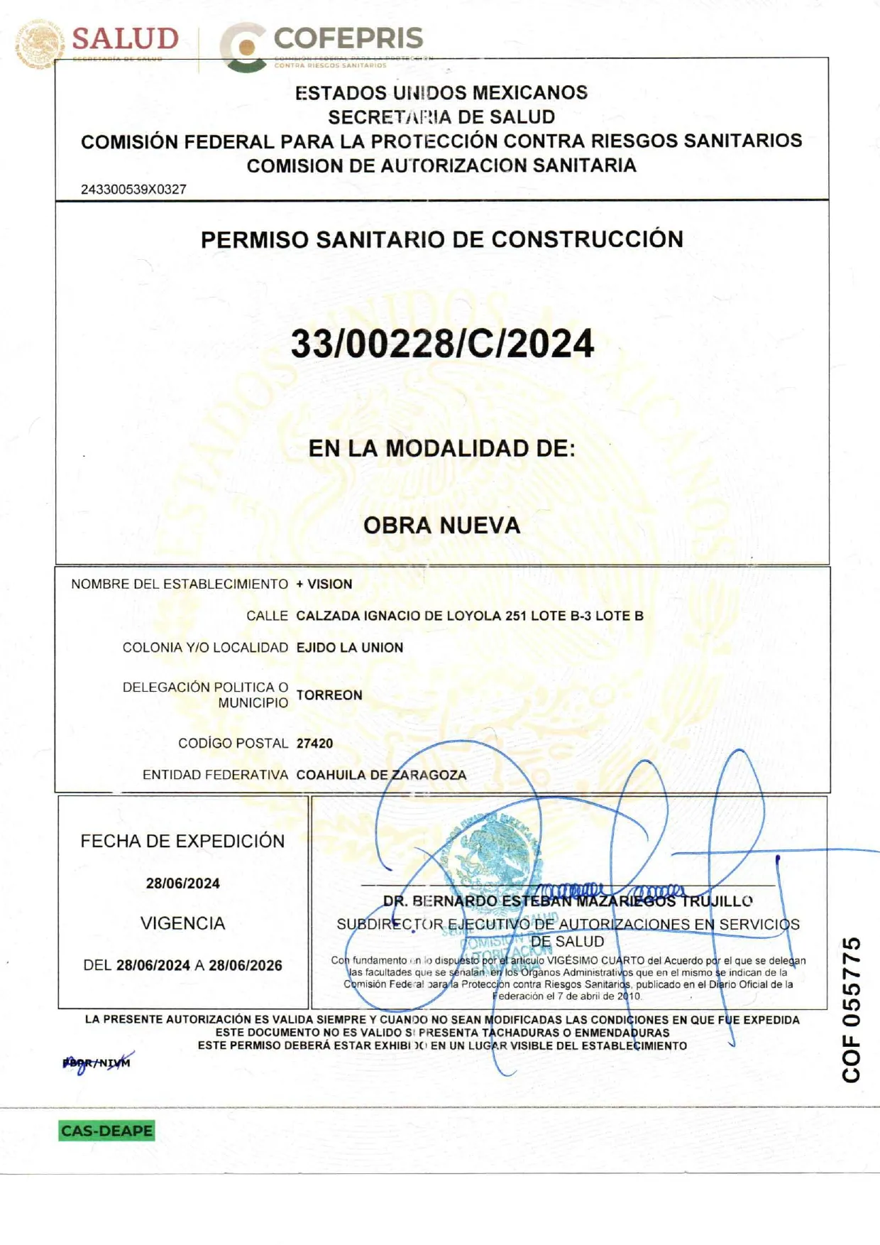 Permiso Sanitario de Construcción — Obra Nueva — Torreón, Coahuila de Zaragoza
