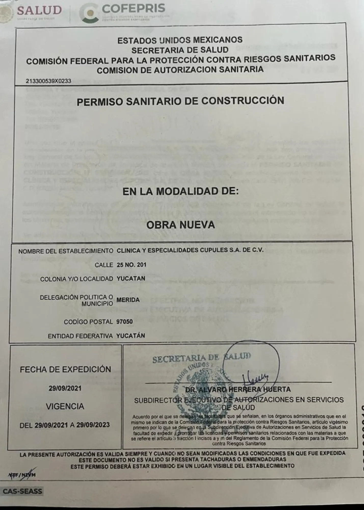 Permiso Sanitario de Construcción — Yucatán, México